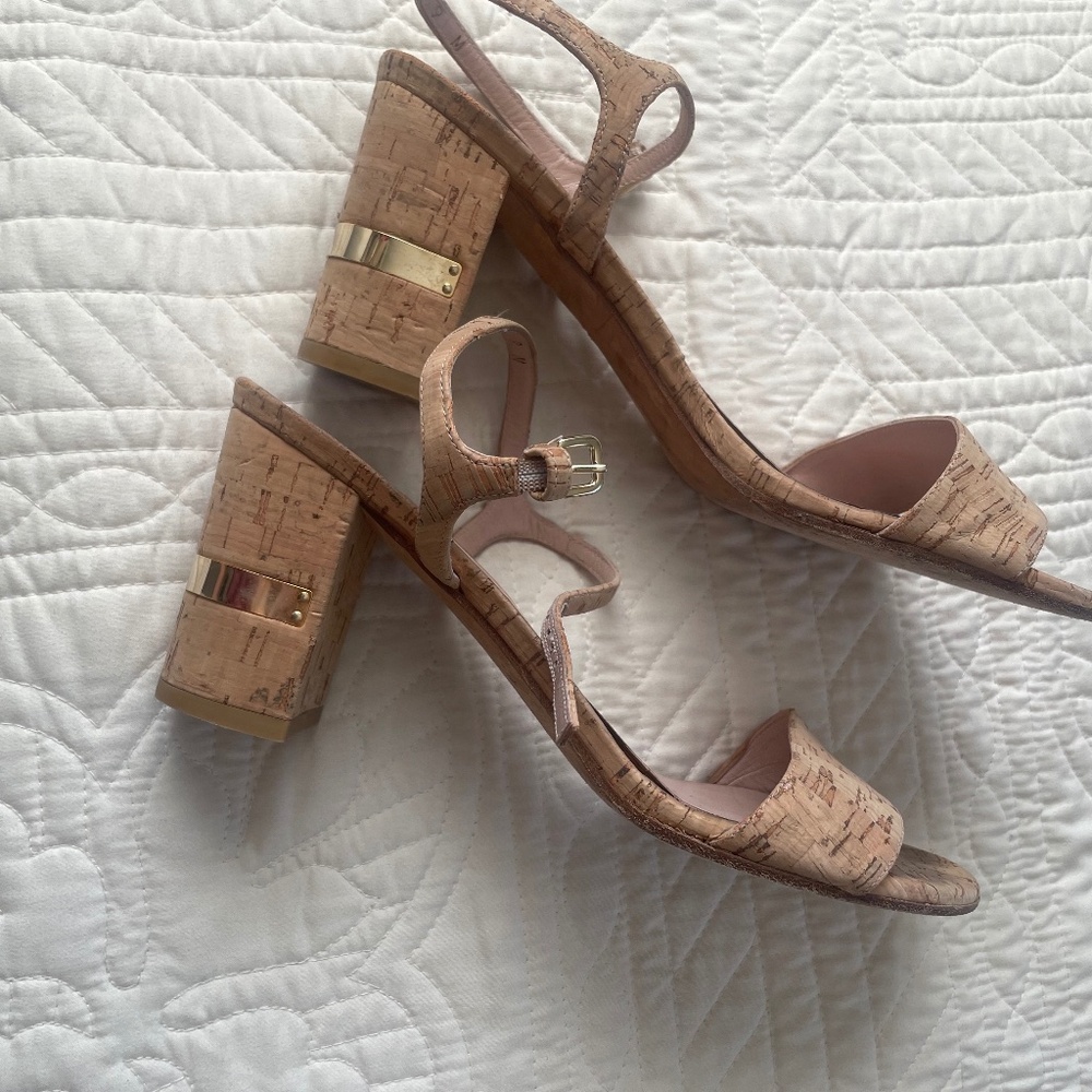Stuart Weitzman cork sandals with gold detail on heel